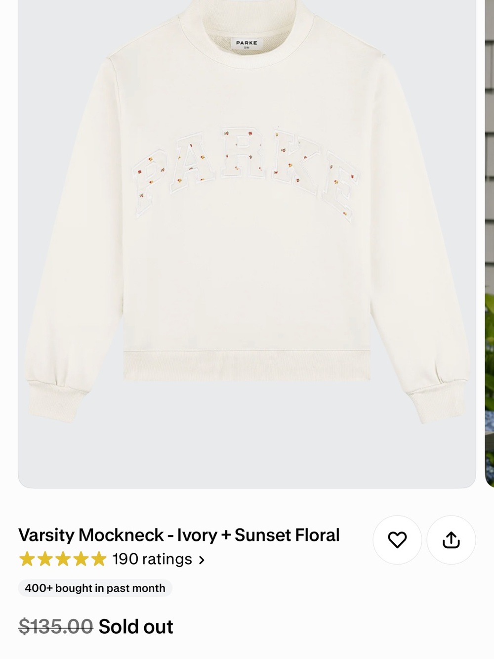 Parke Ivory Varsity Mockneck Sweatshirt with Sunset Floral Embroidery